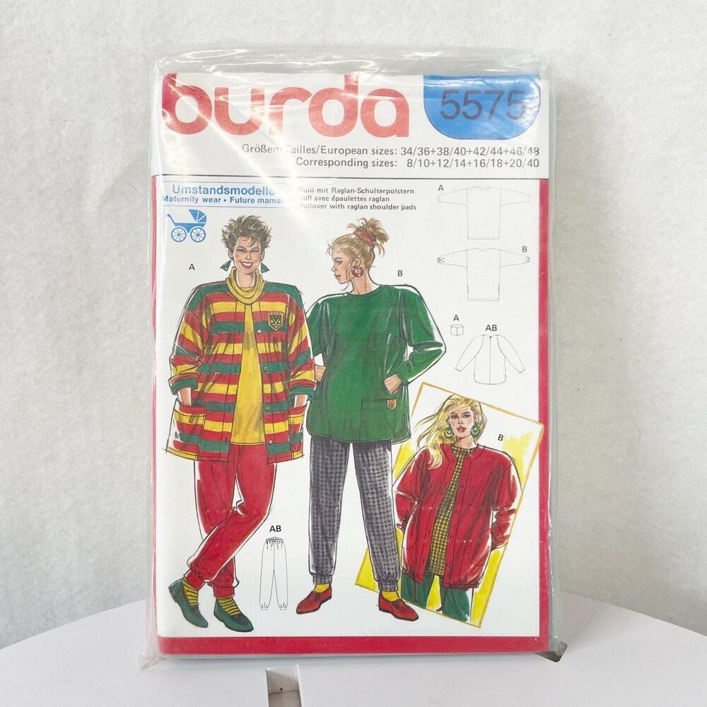 Burda 5575 Maternity Sewing Pattern Jacket & Pullover Sz 8–20‎ UNCUT 80s Style